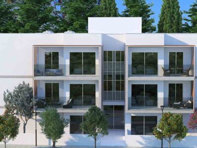 Render of the apartment block exterior with covered verandas in Kato Paphos