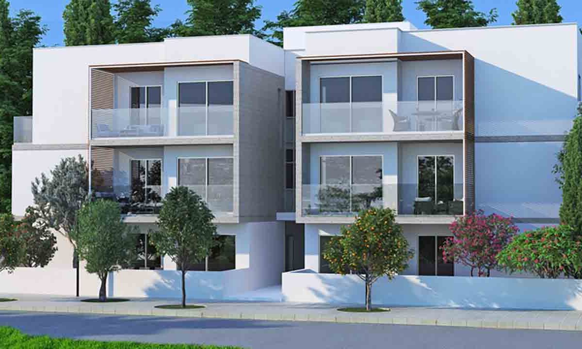 Render of the apartment building front elevation in Kato Paphos