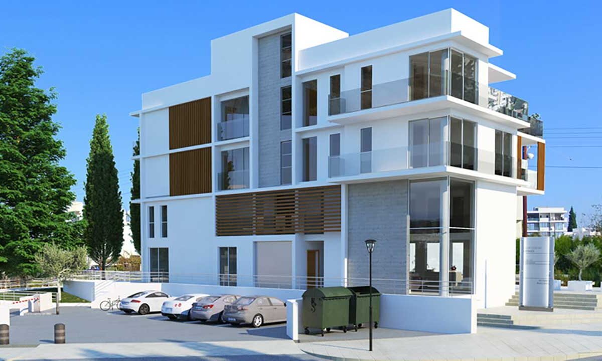 Render of the corner block with ground floor shops in Kato Paphos