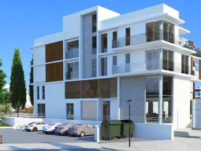 Render of the corner block with ground floor shops in Kato Paphos