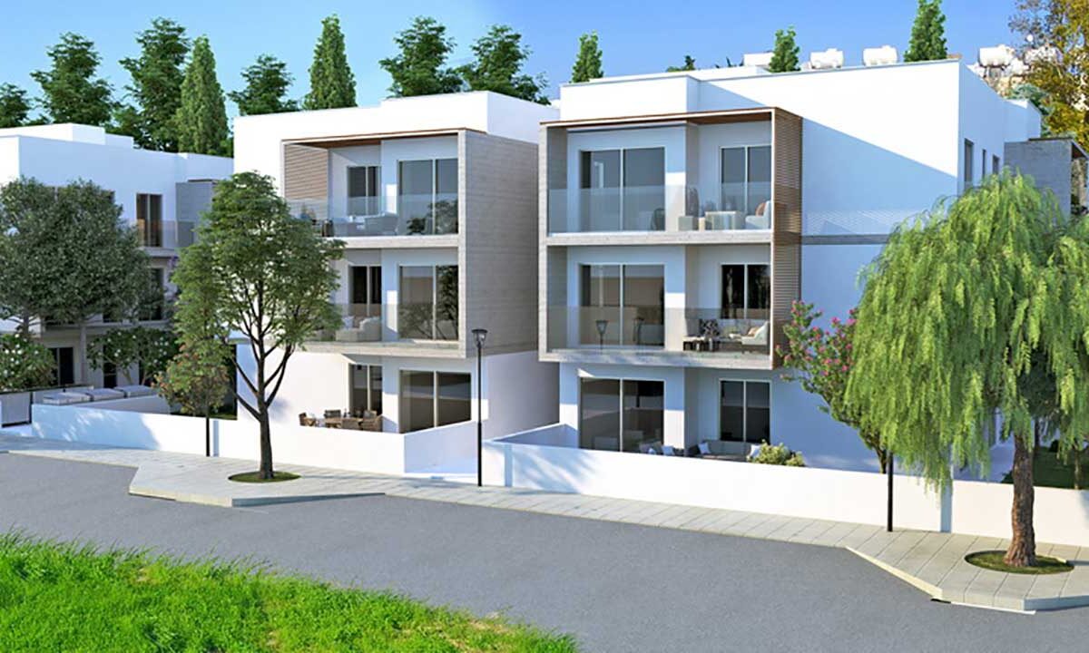 Render of the development street view with apartment verandas in Kato Paphos