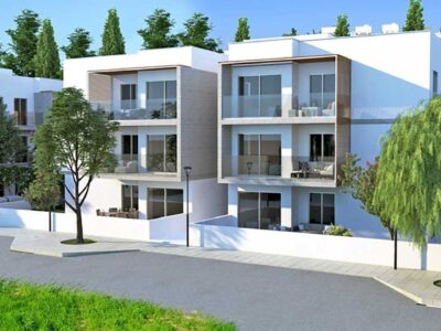 Render of the development street view with apartment verandas in Kato Paphos