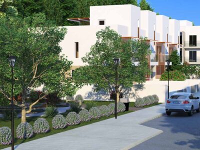 Render of the landscaped street and green space at the development