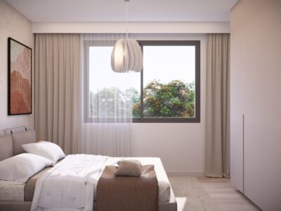 Render of a bedroom with fitted wardrobes in a 2 Bedroom Apartment in Paphos