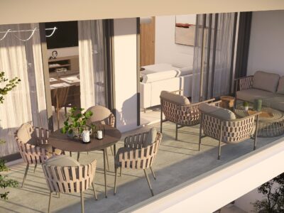 Render of a covered veranda with seating area of a 2 Bedroom Apartment in Paphos