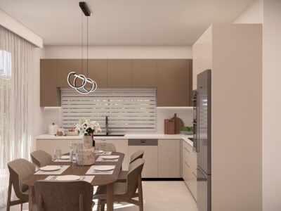 Render of a fitted kitchen and dining area in a 2 Bedroom Apartment in Paphos