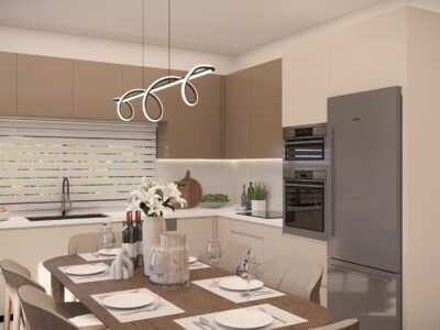 Render of a kitchen and dining area in a 2 Bedroom Apartment in Paphos
