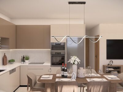 Render of an open plan kitchen and dining area in a 2 Bedroom Apartment in Paphos