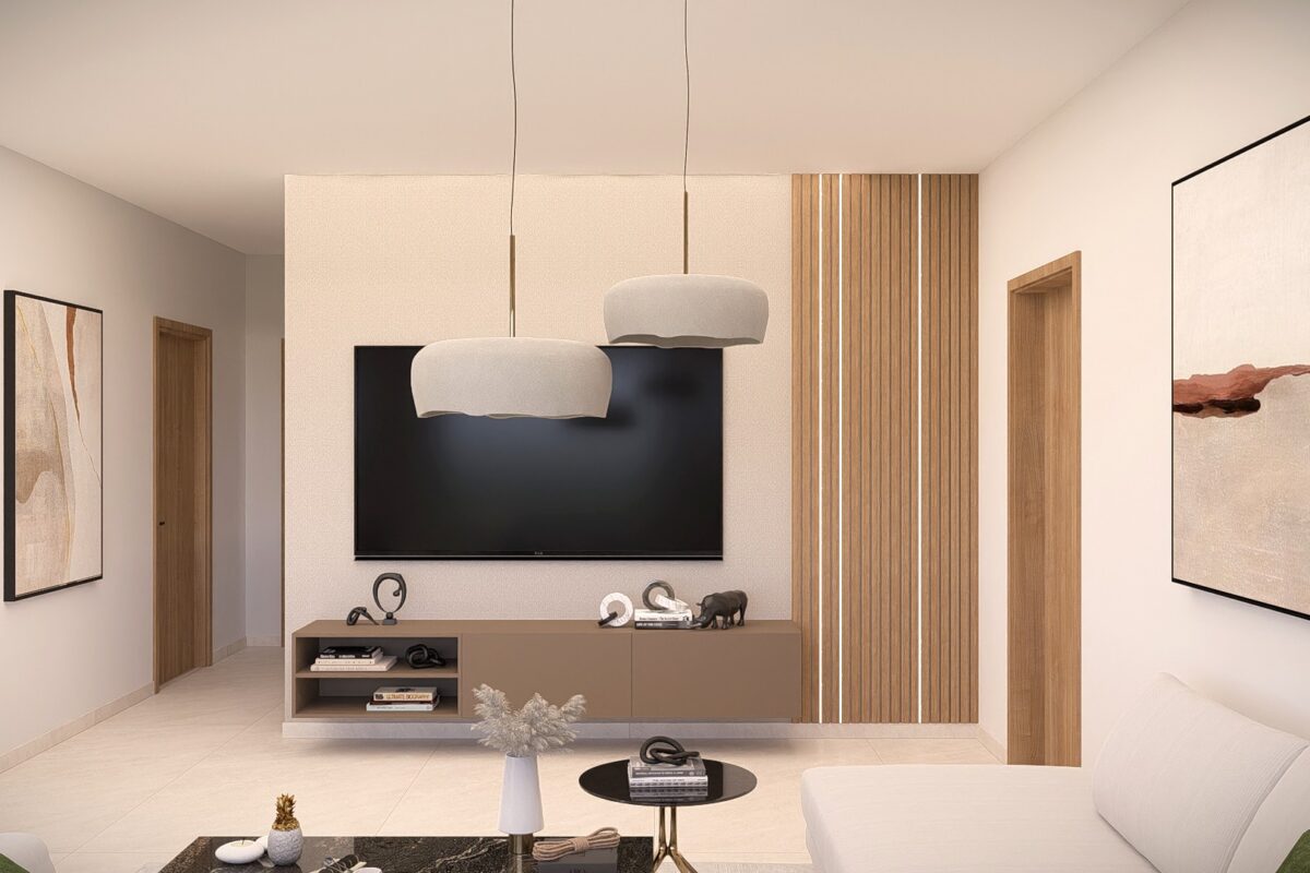 Render of a living area in a 2 Bedroom Apartment in Paphos