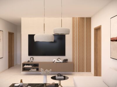 Render of a living area in a 2 Bedroom Apartment in Paphos