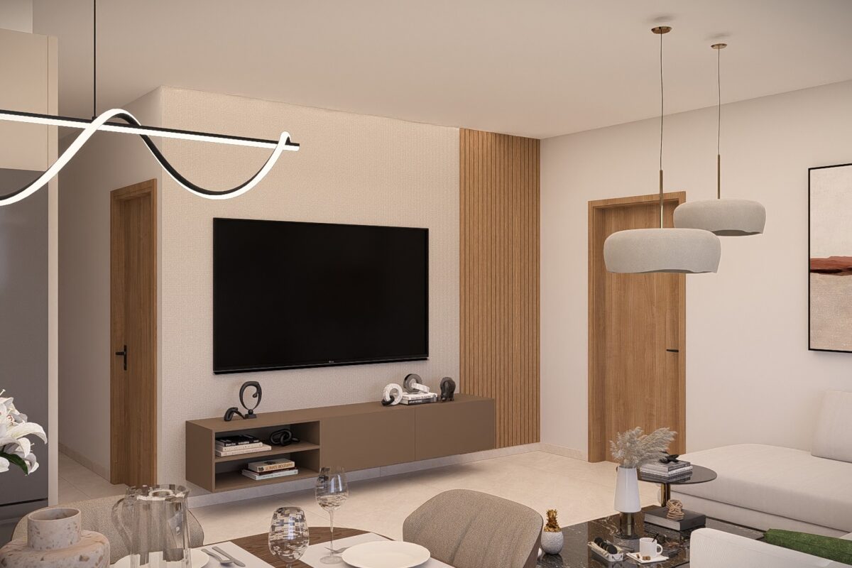 Render of a living room in a 2 Bedroom Apartment in Paphos