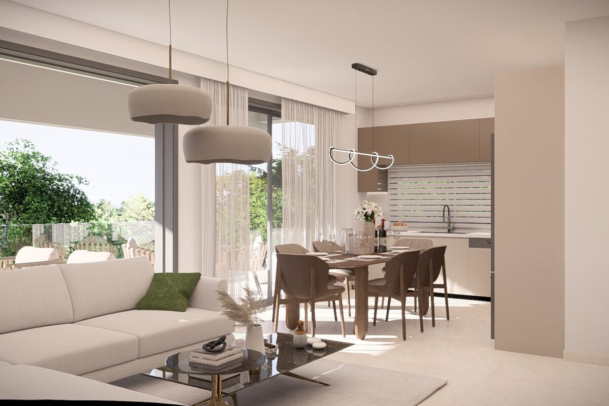 Render of an open plan living and dining area opening onto a covered veranda in a 2 Bedroom Apartment in Paphos