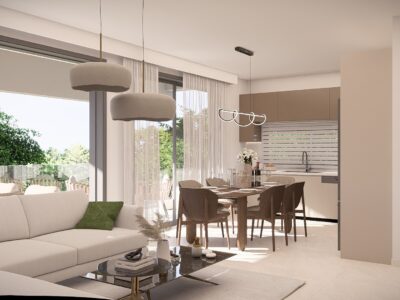 Render of an open plan living and dining area opening onto a covered veranda in a 2 Bedroom Apartment in Paphos