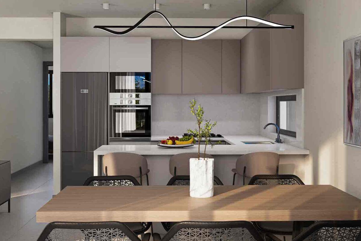 Render of dining area and fitted kitchen in a modern Paphos apartment
