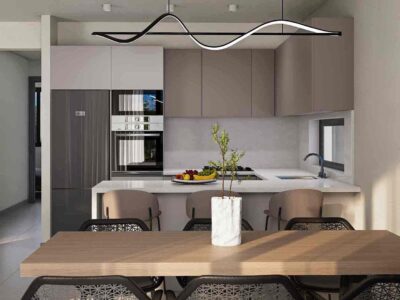 Render of dining area and fitted kitchen in a modern Paphos apartment