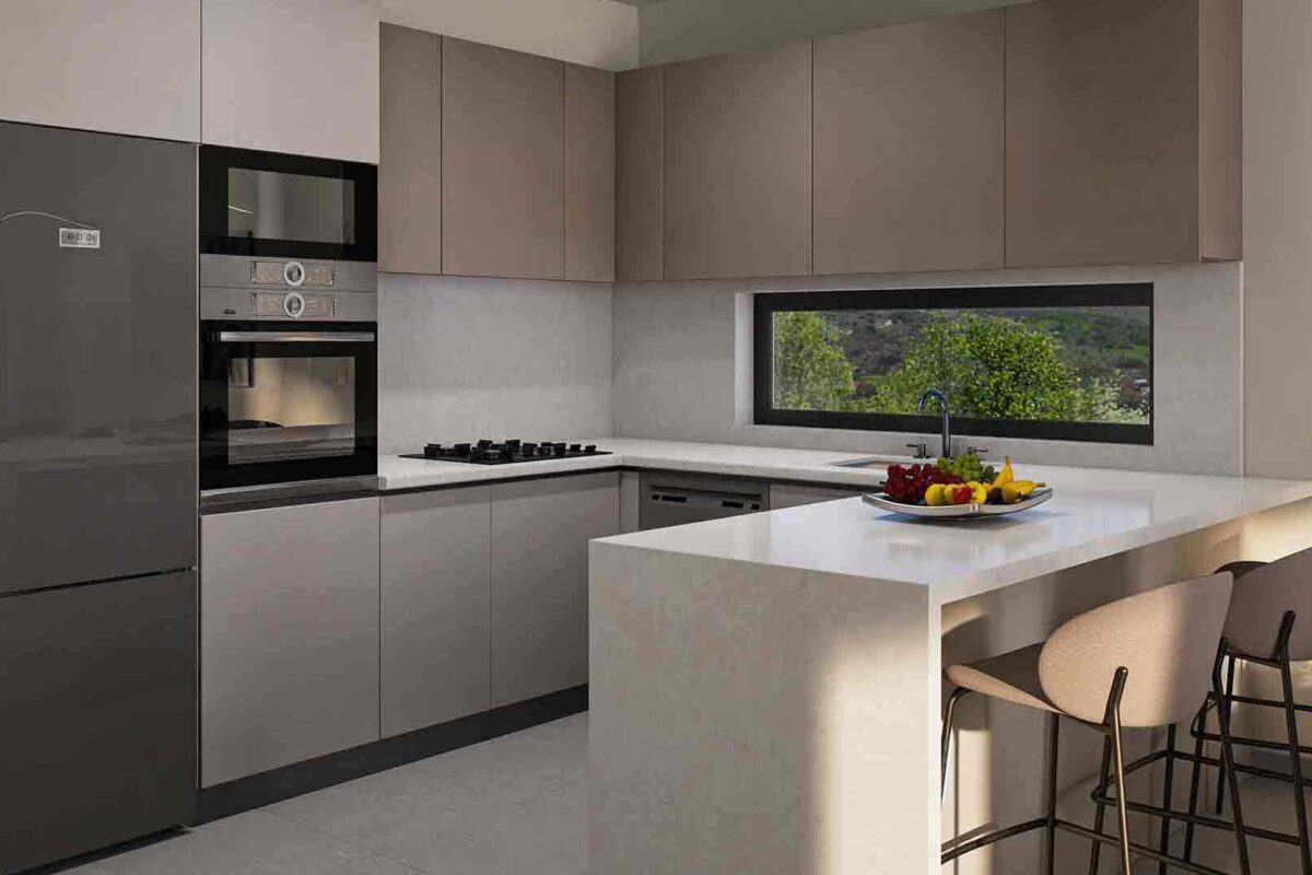 Render of modern fitted kitchen with breakfast bar, Paphos apartment