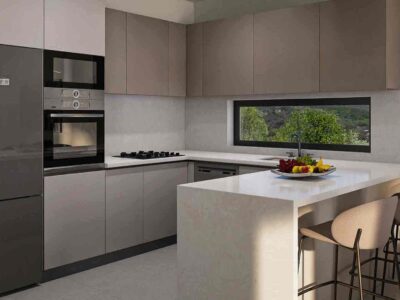 Render of modern fitted kitchen with breakfast bar, Paphos apartment