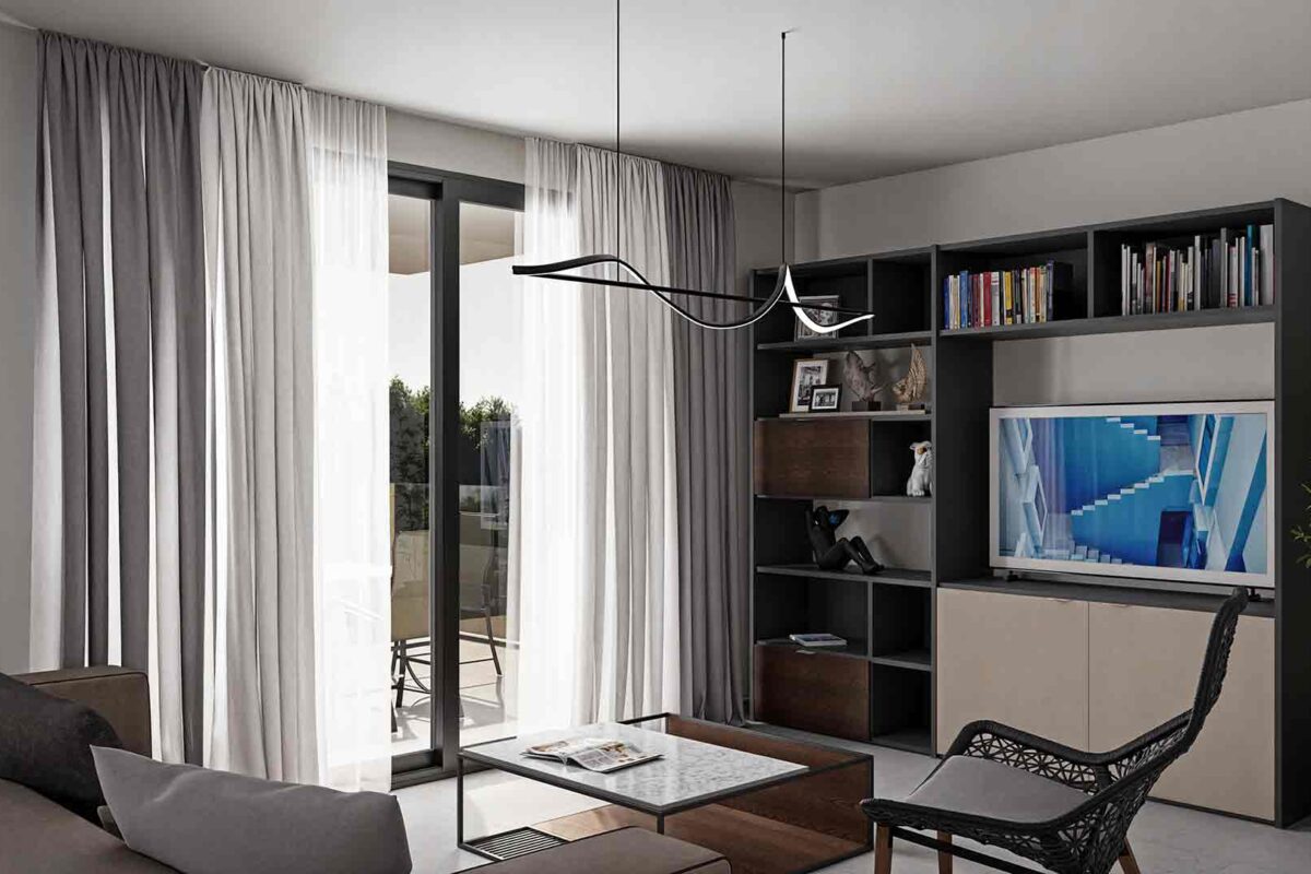 Render of living room opening to a covered veranda, Paphos apartment