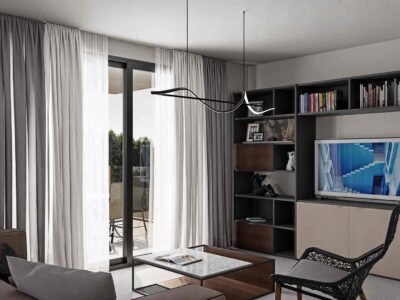 Render of living room opening to a covered veranda, Paphos apartment