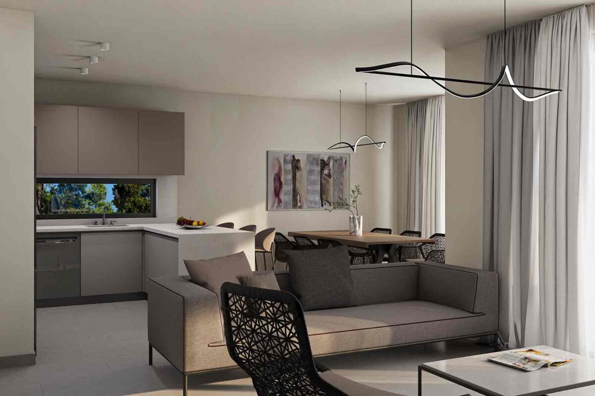 Render of open-plan living area and kitchen in a modern Paphos apartment