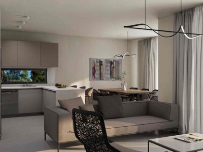 Render of open-plan living area and kitchen in a modern Paphos apartment