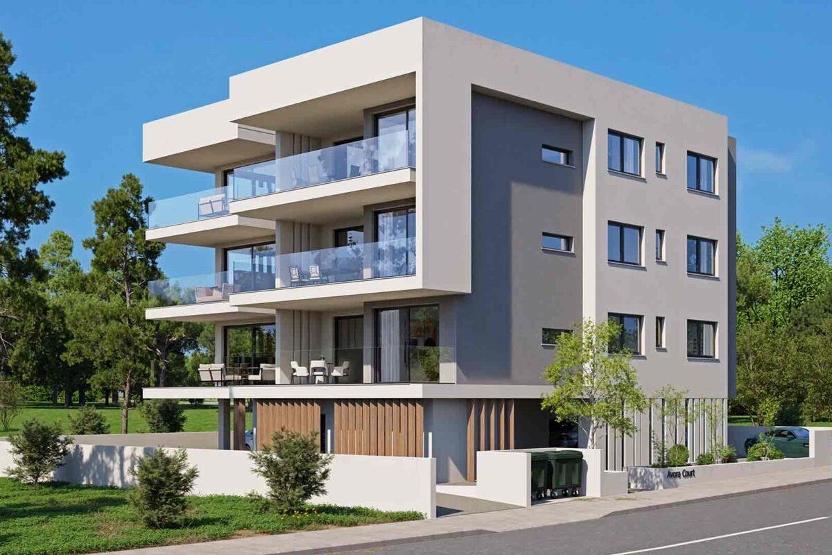 Exterior render of modern apartment building in Empa, Paphos
