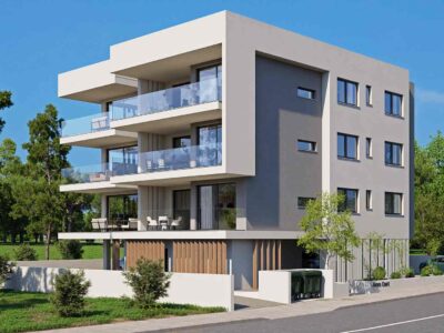 Exterior render of modern apartment building in Empa, Paphos