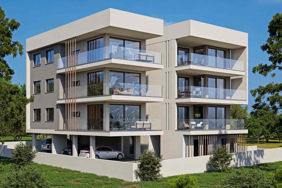 Side view render of contemporary apartment building with covered verandas, Paphos