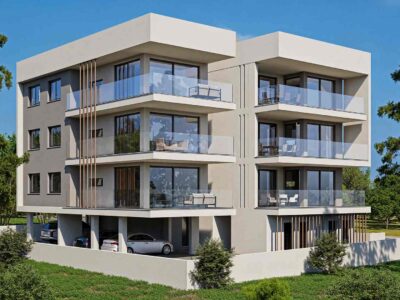 Side view render of contemporary apartment building with covered verandas, Paphos