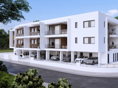 Render of a modern apartment building in Geroskipou, Paphos
