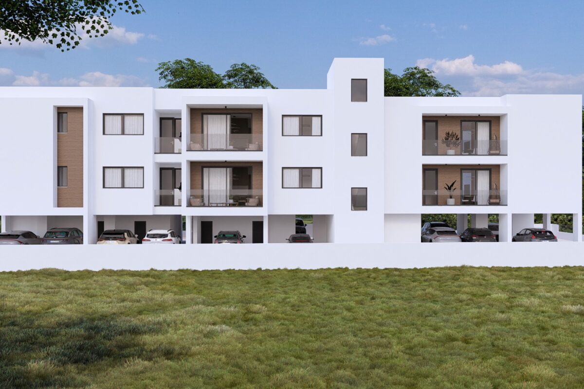 Render of a modern apartment building in Geroskipou, Paphos