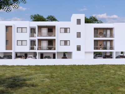 Render of a modern apartment building in Geroskipou, Paphos