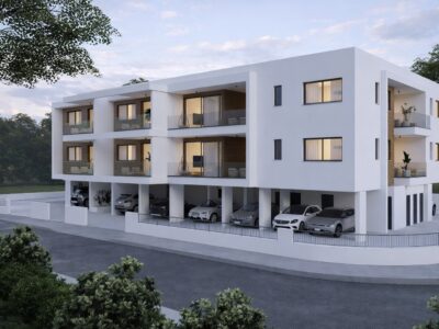 Render of a modern apartment building with covered parking in Geroskipou, Paphos