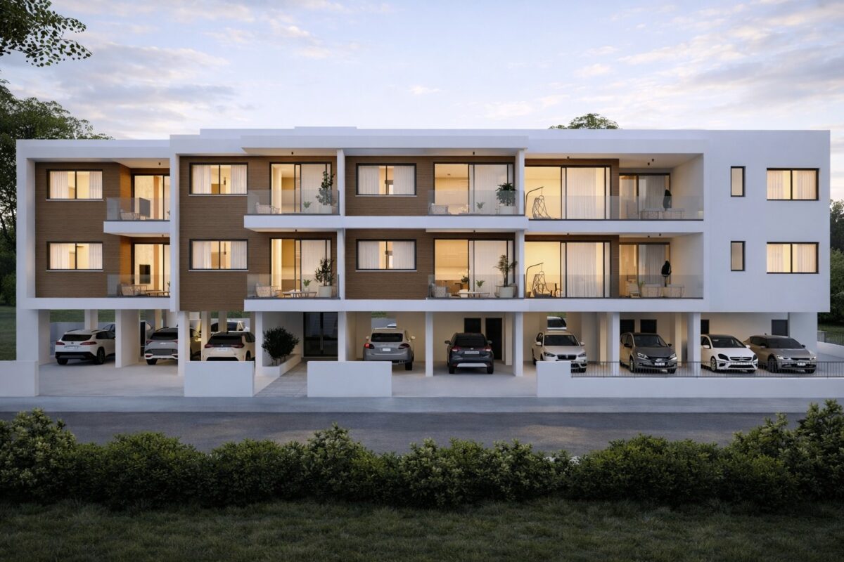 Render of a modern apartment building with covered parking in Geroskipou, Paphos