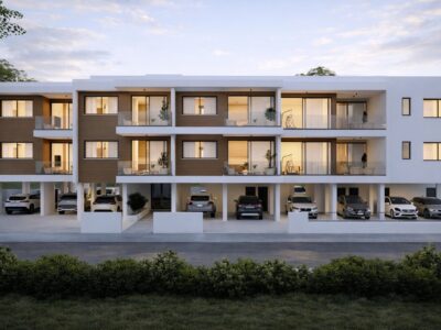 Render of a modern apartment building with covered parking in Geroskipou, Paphos