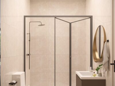 Render of a bathroom with walk in shower in a 1 Bedroom Apartment in Geroskipou, Paphos