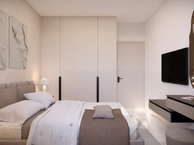 Render of a double bedroom in a 1 Bedroom Apartment in Geroskipou, Paphos