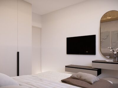 Render of a bedroom with fitted wardrobes in a 1 Bedroom Apartment in Geroskipou, Paphos