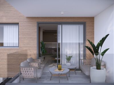Render of a covered veranda of a 1 Bedroom Apartment in Geroskipou, Paphos