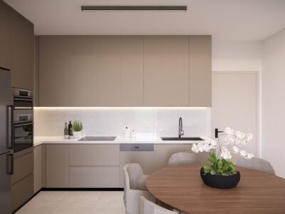 Render of a fitted kitchen and dining area in a 1 Bedroom Apartment in Geroskipou, Paphos
