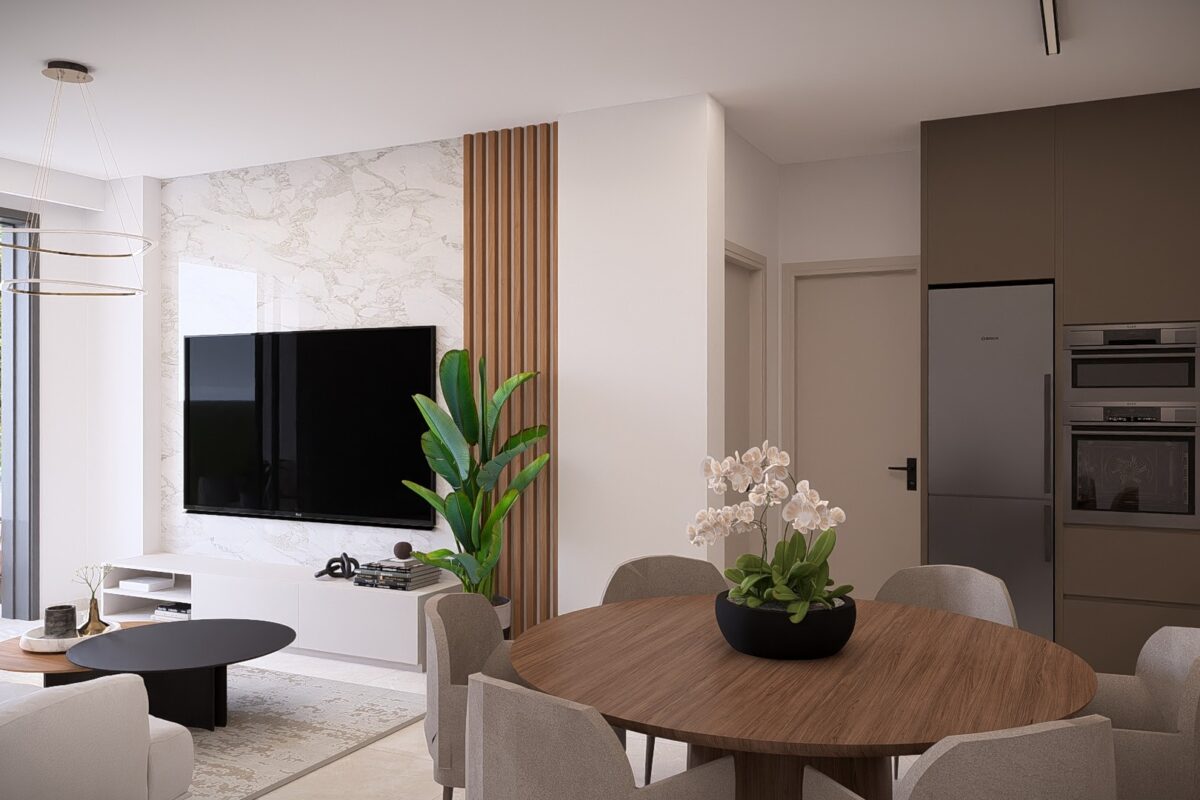 Render of an open plan living and dining area in a 1 Bedroom Apartment in Geroskipou, Paphos
