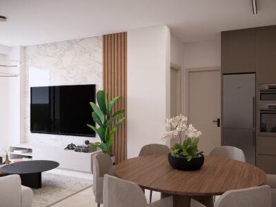 Render of an open plan living and dining area in a 1 Bedroom Apartment in Geroskipou, Paphos