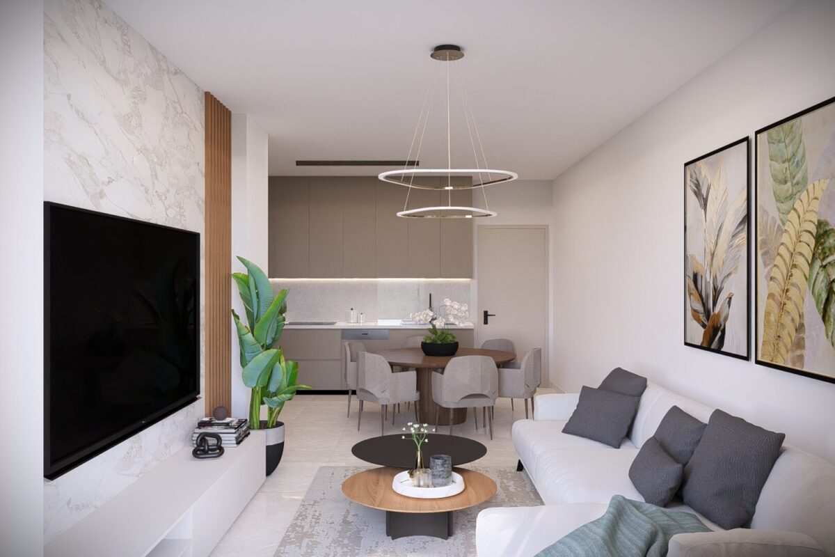 Render of a living room with open plan kitchen in a 1 Bedroom Apartment in Geroskipou, Paphos