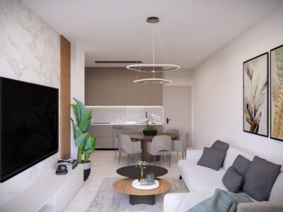 Render of a living room with open plan kitchen in a 1 Bedroom Apartment in Geroskipou, Paphos