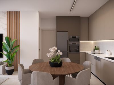Render of an open plan living, dining and kitchen area in a 1 Bedroom Apartment in Geroskipou, Paphos