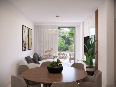 Render of a living area opening onto a covered veranda in a 1 Bedroom Apartment in Geroskipou, Paphos