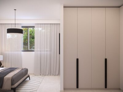 Render of a bedroom with fitted wardrobes in a 2 Bedroom Apartment in Geroskipou, Paphos