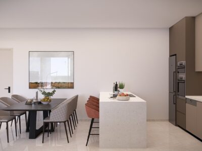 Render of a fitted kitchen and dining area in a 2 Bedroom Apartment in Geroskipou, Paphos