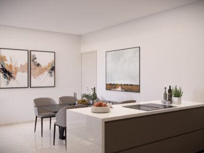 Render of a kitchen and dining area in a 2 Bedroom Apartment in Geroskipou, Paphos