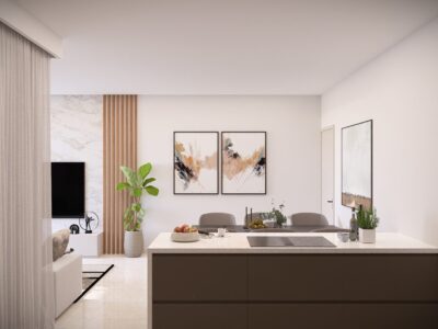 Render of a kitchen open to the living area in a 2 Bedroom Apartment in Geroskipou, Paphos